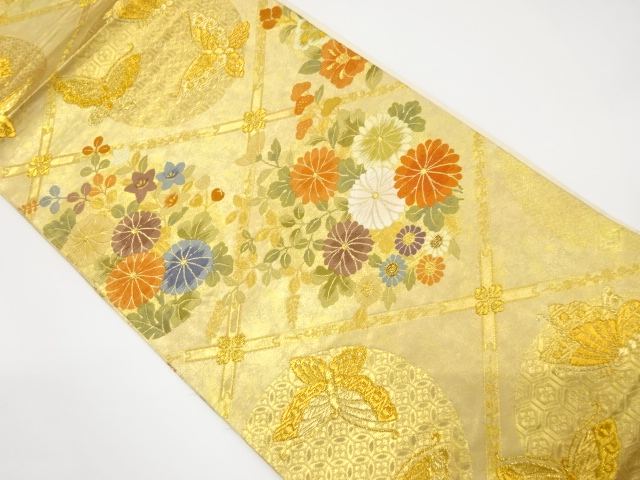 引箔　天井柄に蝶・花模様織り出し袋帯